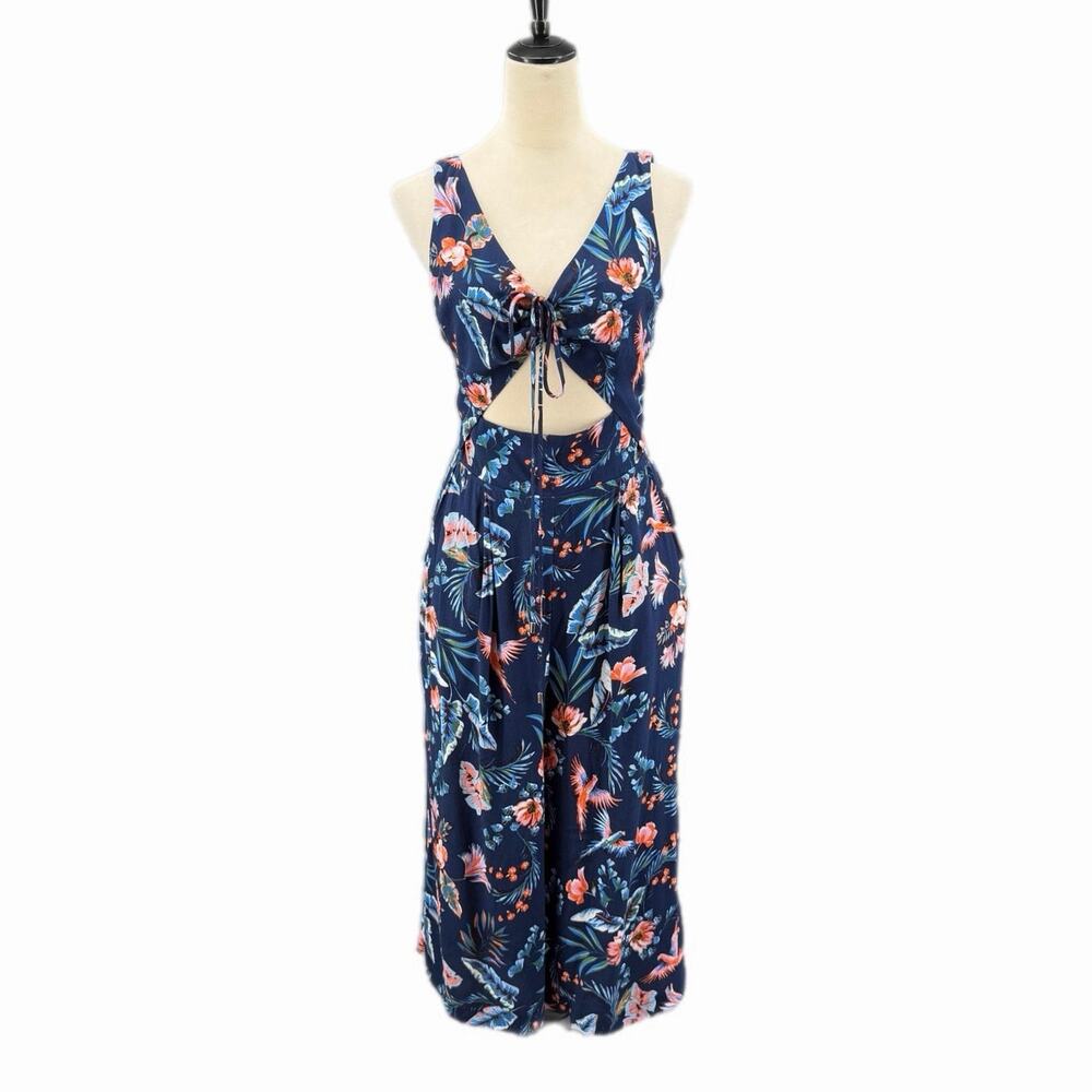 Adelyn Rae Sleeveless Cut Out Tie Navy Blue Floral Tropical Cropped Jumpsuit